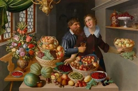 GROSSES STILLLEBEN MIT FRÜCHTEN, GEMÜSE UND BLUMEN SOWIE EINEM PAAR IN EINEM INTERIEUR by Marten van Valckenborch and Georg Flegel